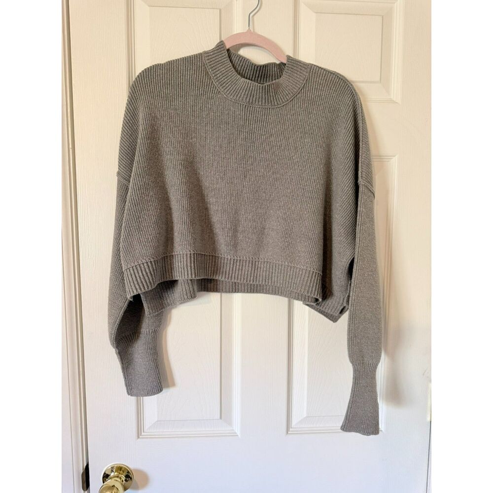 Free People Ribbed Mock Neck Crop Sweater Batwing Dolman Sleeve Gray Size S